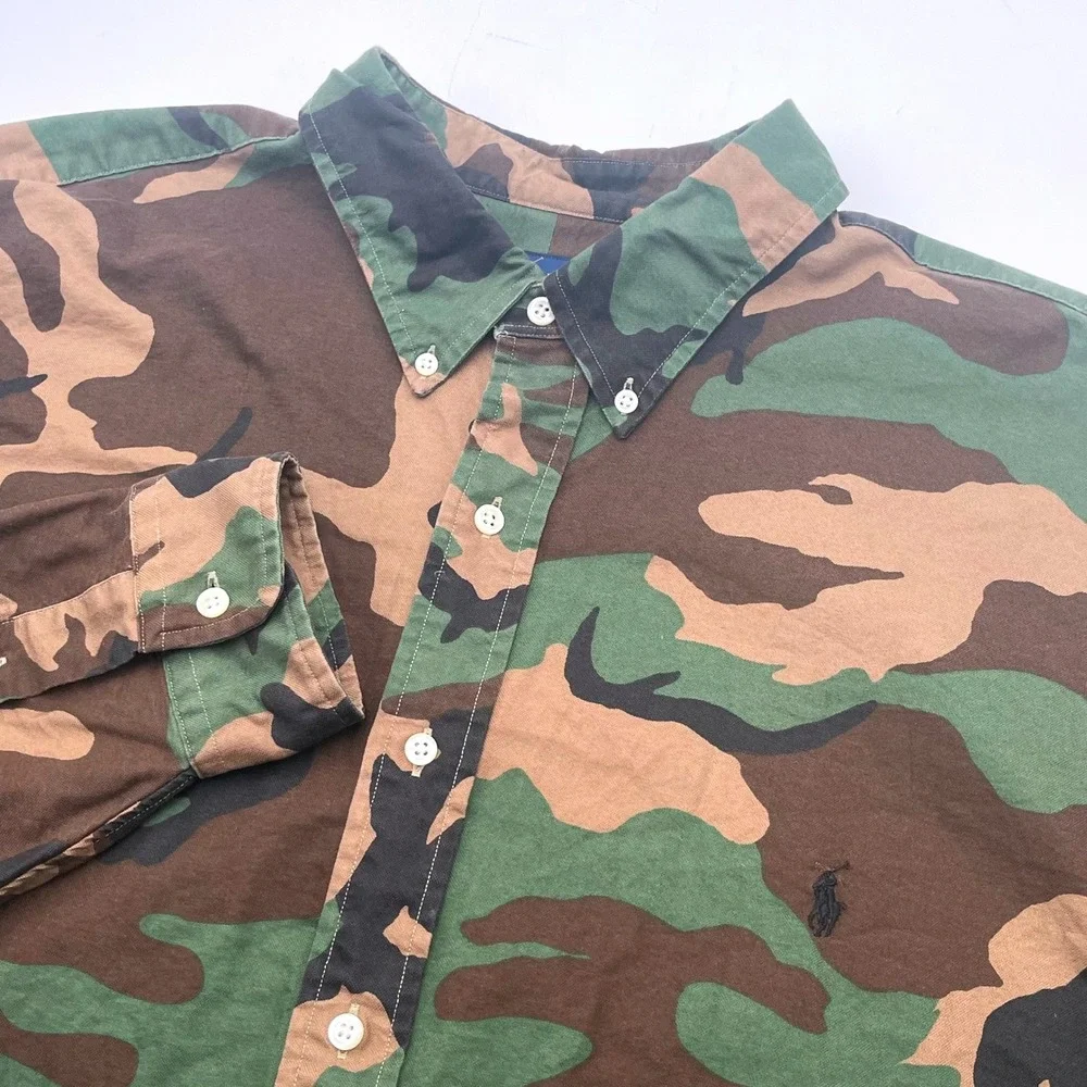 Ralph Lauren Camo Button Down Shirt Mens 2XLT Tall Green Brown Camouflage Cotton